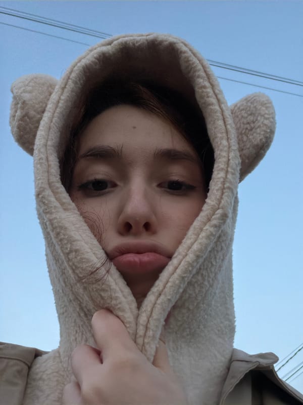 Bear-eared hoodie selfies mixed with quiet dusk street scenes