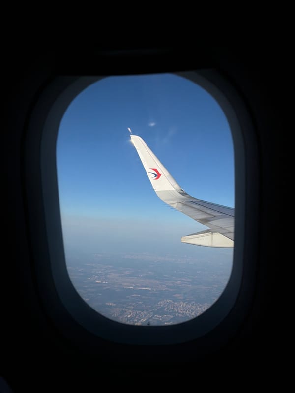 Aerial view captured from airplane window over Panyu District