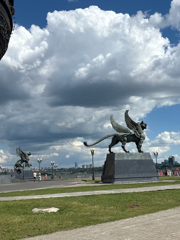 Bronze griffin sculptures at an outdoor site in Kazan