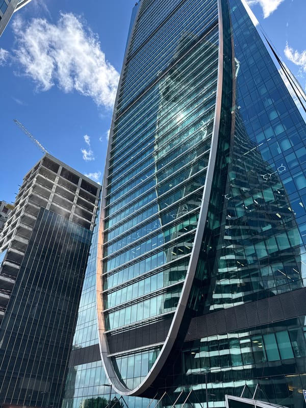 Street-level look around Moscow City's glass towers and public art