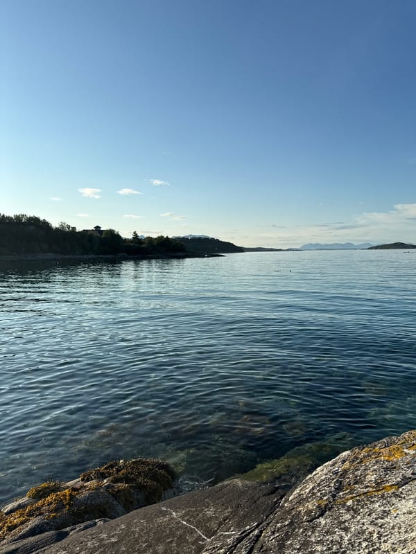 Rugged Harstad coastline at the water's edge, dusk settling in