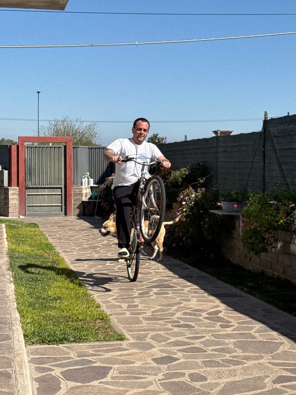 Man cycles with dog companion through Aprilia residential paths