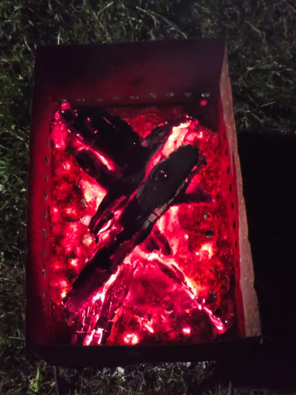 Evening outdoor fire gathering documented during twilight hours