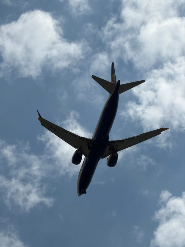 Ryanair flight passing over Burgas, viewed from below