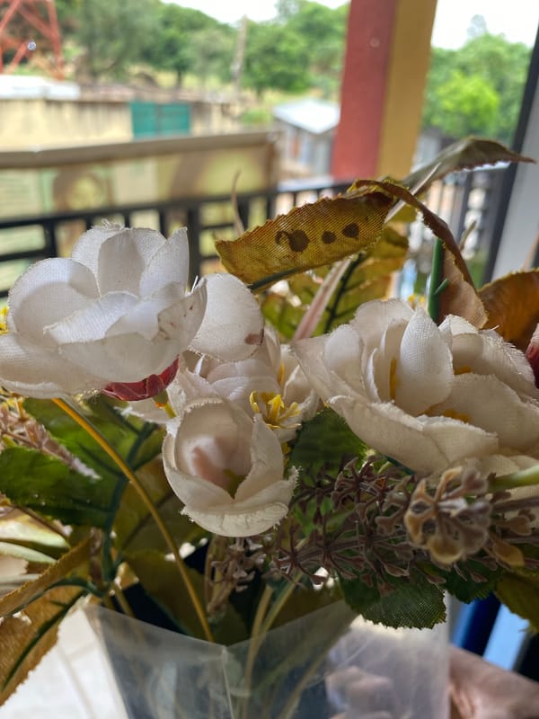 Artificial flower arrangement documented in Bukuru indoor setting