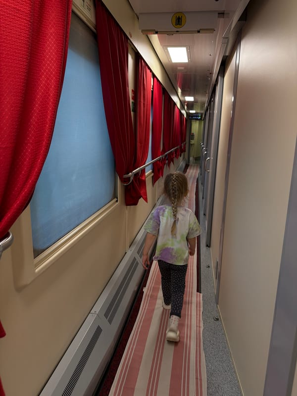 Train couchette car interior documented with young passenger present