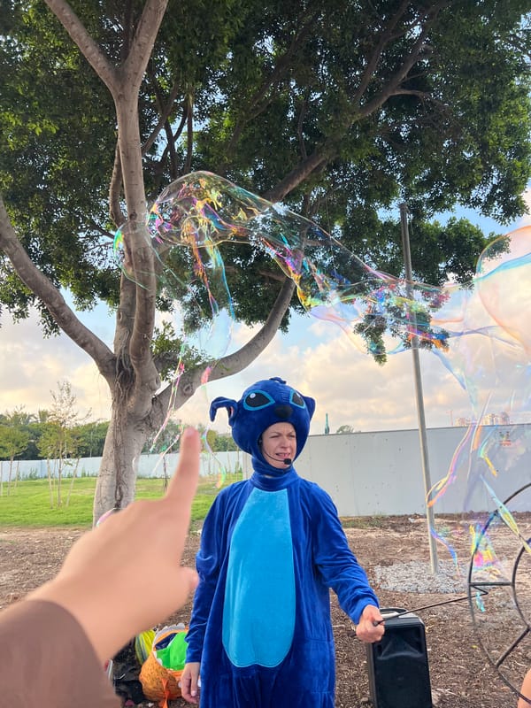 Stitch costume character runs a bubble show in Kiryat Bialik