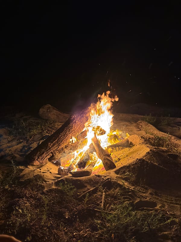 Late-night beach bonfire burning bright on the Bulgarian coast