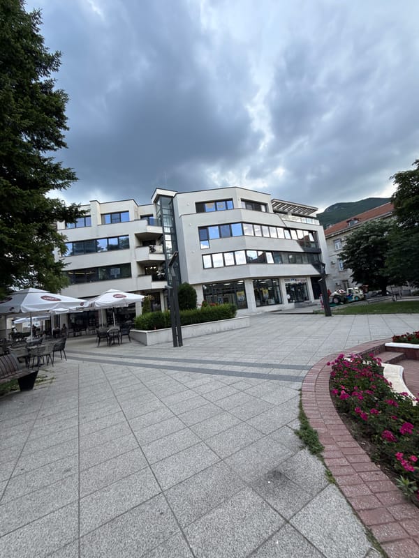 Downtown Vratsa commercial district documented during cloudy midday