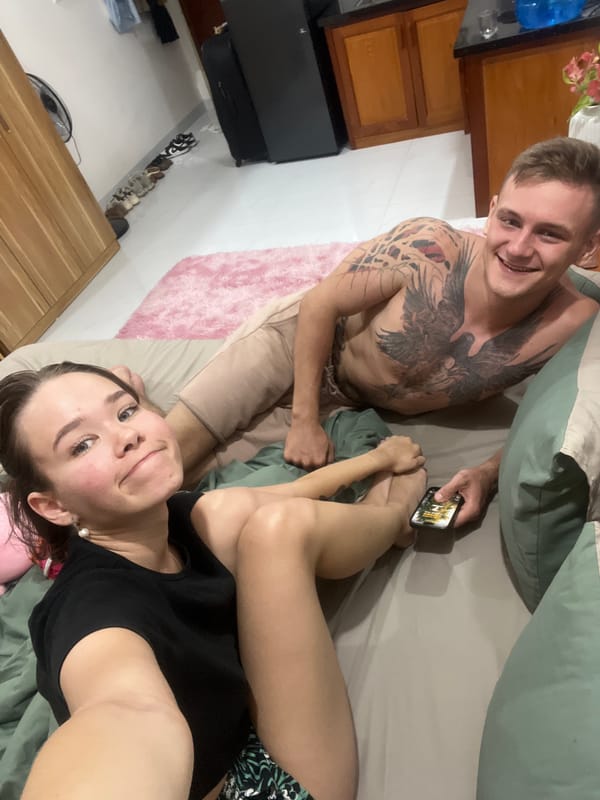 Couple takes selfie in bed in Nha Trang