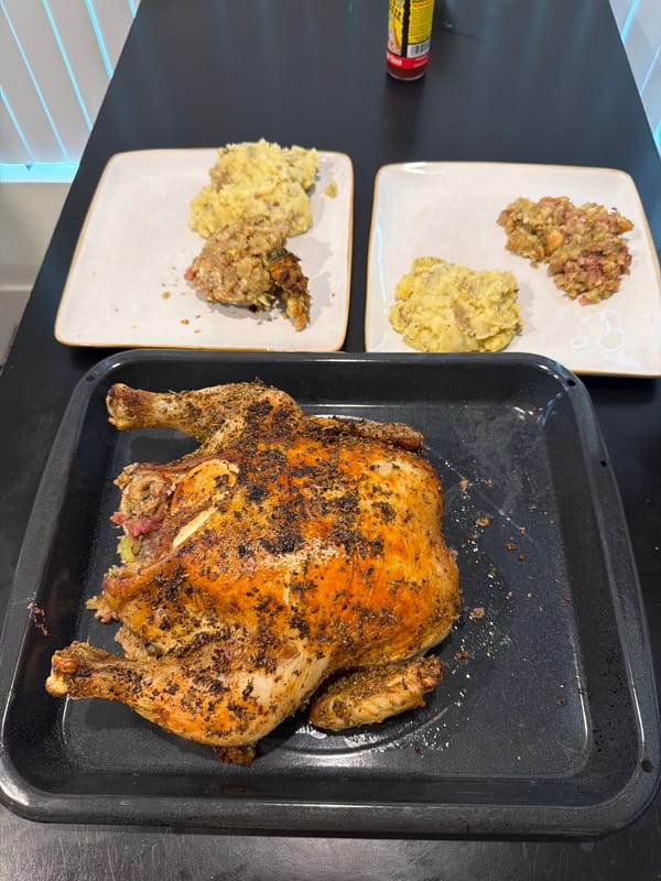 Home-cooked roasted chicken dinner documented in Los Angeles kitchen