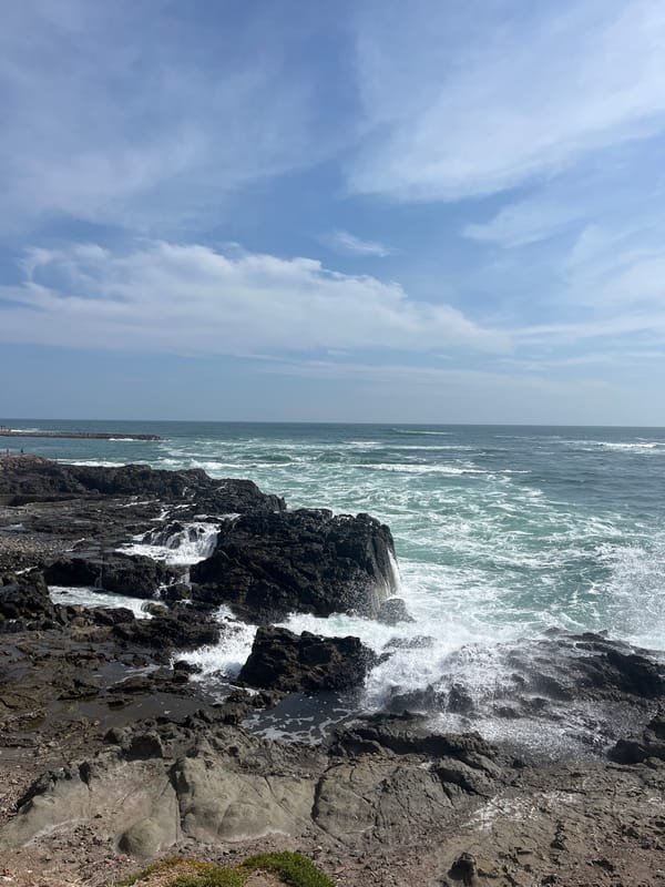 Pacific waves crash against rocky Arica coastline