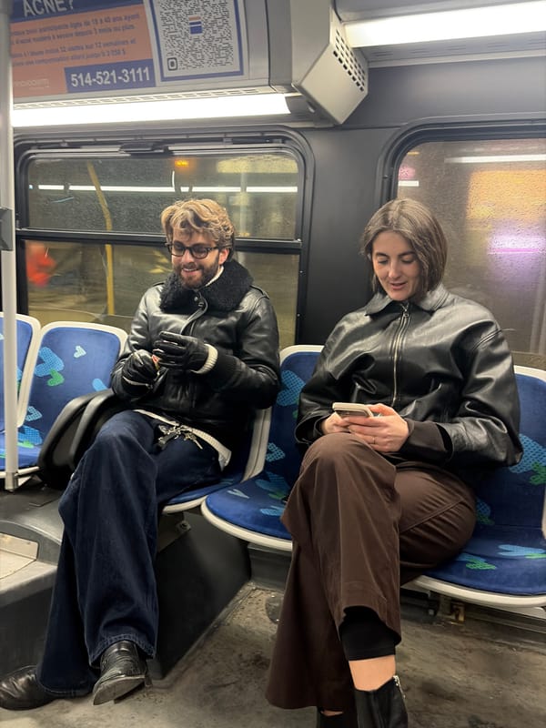 Early morning Montreal scenes: bus passengers, illuminated building
