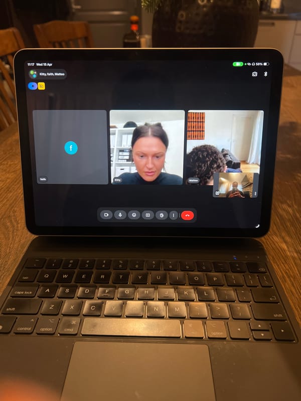 Three-person Google Meet call observed on iPad in Hemsedal
