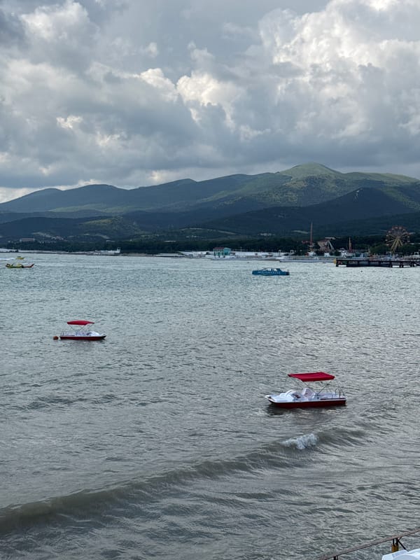 Cloudy beach day in Novorossiysk with pedal boats and crowds
