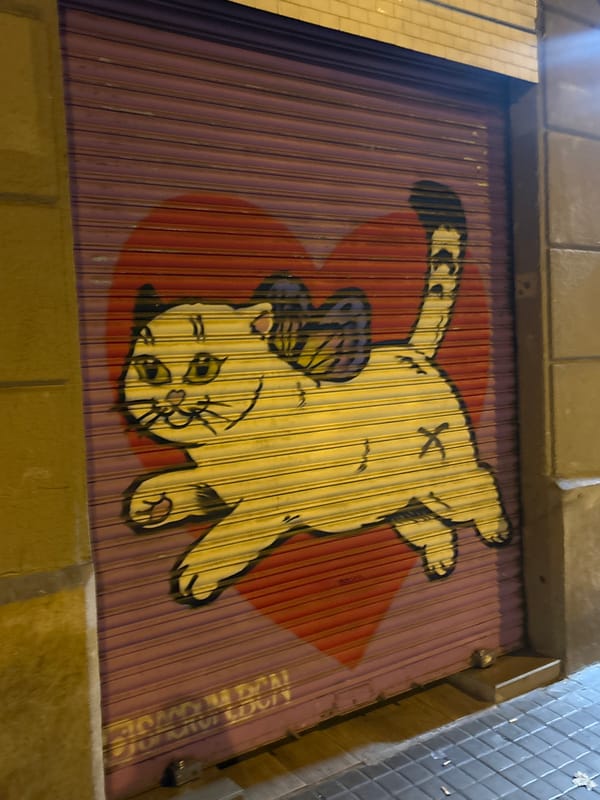 Sant Antoni neighborhood at night, murals and wet sidewalks