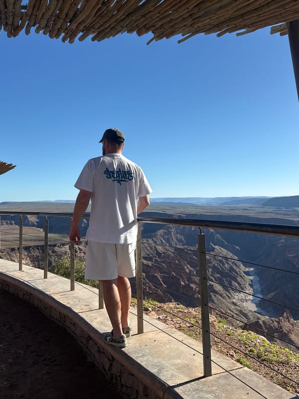 Tourist photographed at canyon viewing platform in Hobas, Namibia