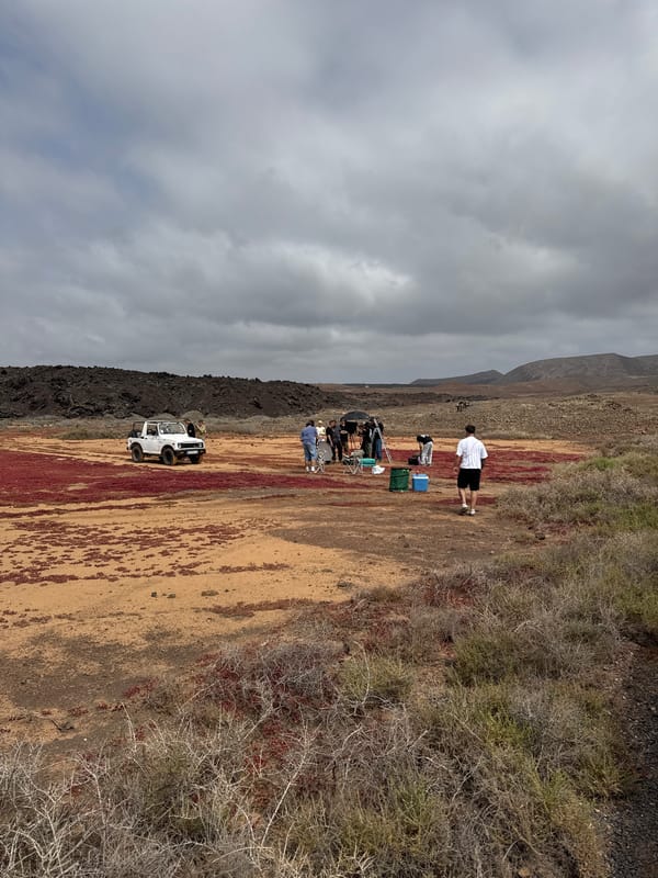 Group gathers by white vehicle in arid Tinajo landscape