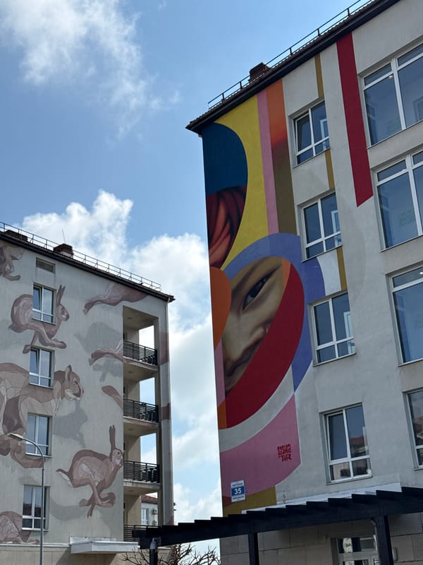 Urban scenes documented in Sirius, Russia including murals, Olympic rings