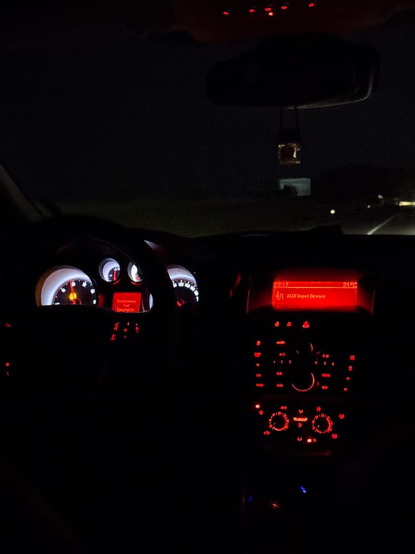 Vehicle interior observed at night in Brestovets, Bulgaria