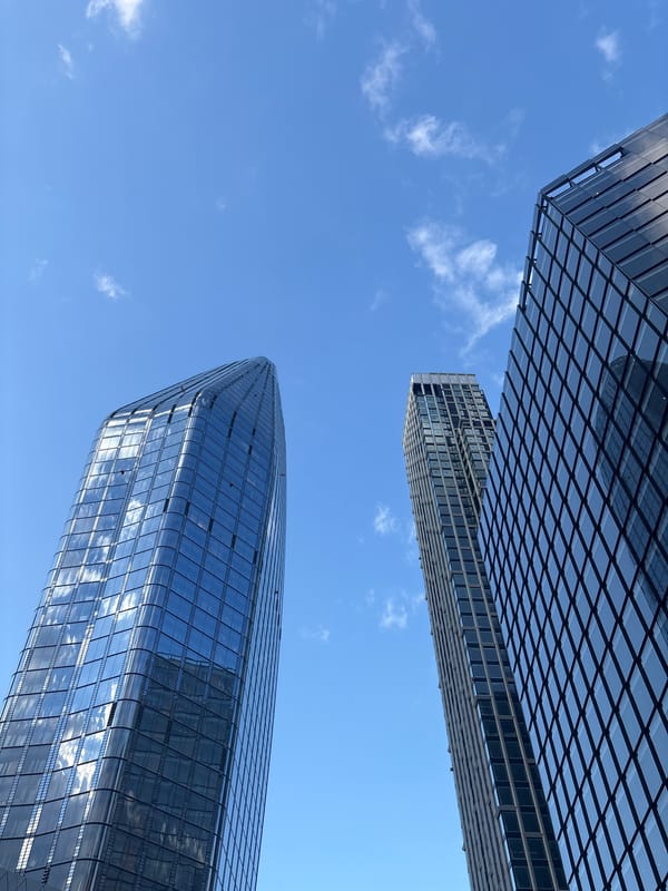 Modern London buildings photographed from low angle
