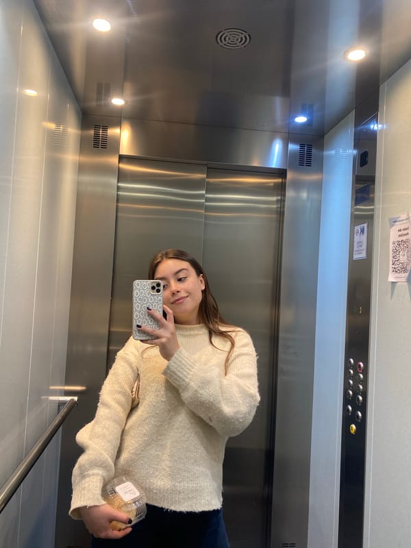Woman Takes Elevator Selfie While Holding Cinnamon Roll Container