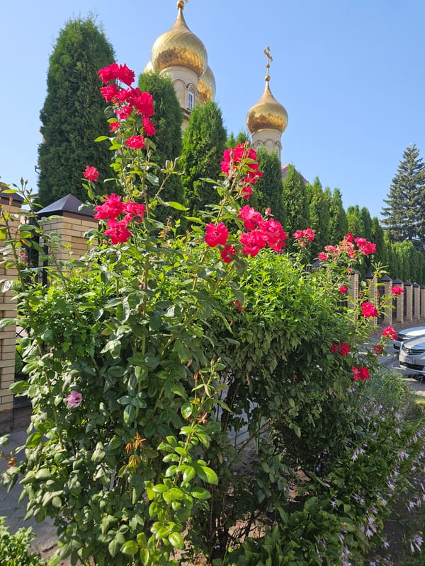 Churches and a Gagarin monument on a sunny Cherkessk afternoon