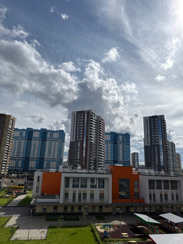 Modern apartments and dramatic skies in Pargolovo, Russia