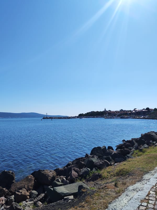 Sunny coastal view of Nesebar from the harbor