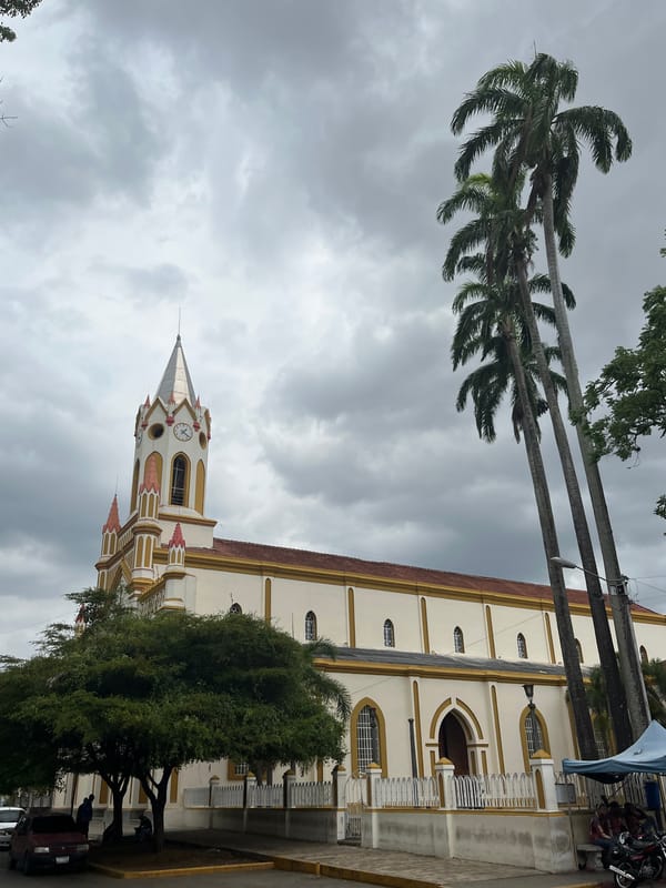 Street scenes documented in Tinaquillo, Venezuela show church, trees