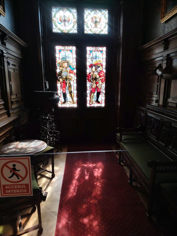 Visitor documents ornate interiors at Peleș Castle, Romania