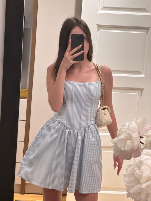 Woman takes mirror selfies in gingham dress