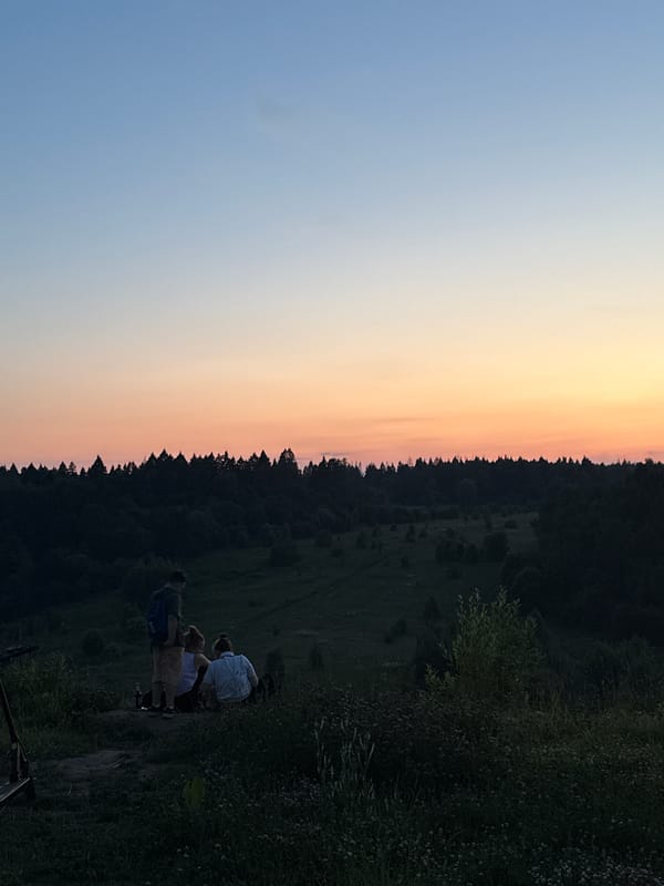 Group hangs out on a Moscow hillside at dusk