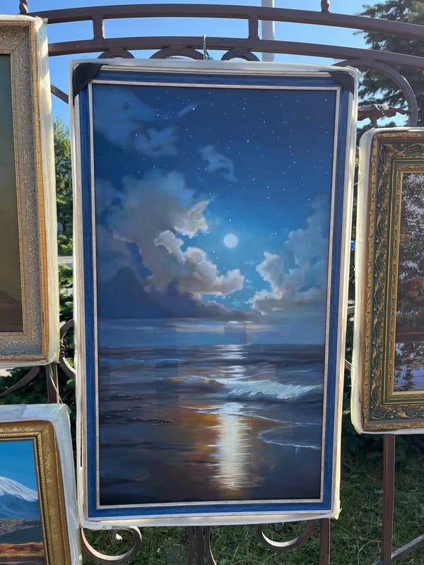 Outdoor art display and city streets with volcano backdrops in Kamchatka