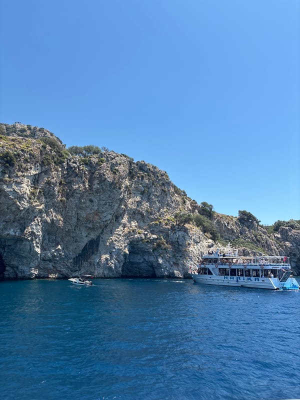 Tourist boat operates along Marmaris coastline in Turkey