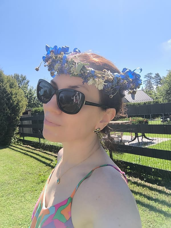 Outdoor meditation session with floral crown and fresh fruit, Latvia