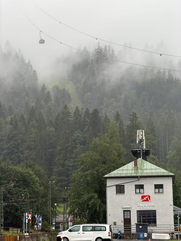 Foggy morning at the Zugspitze cable car base, Grainau