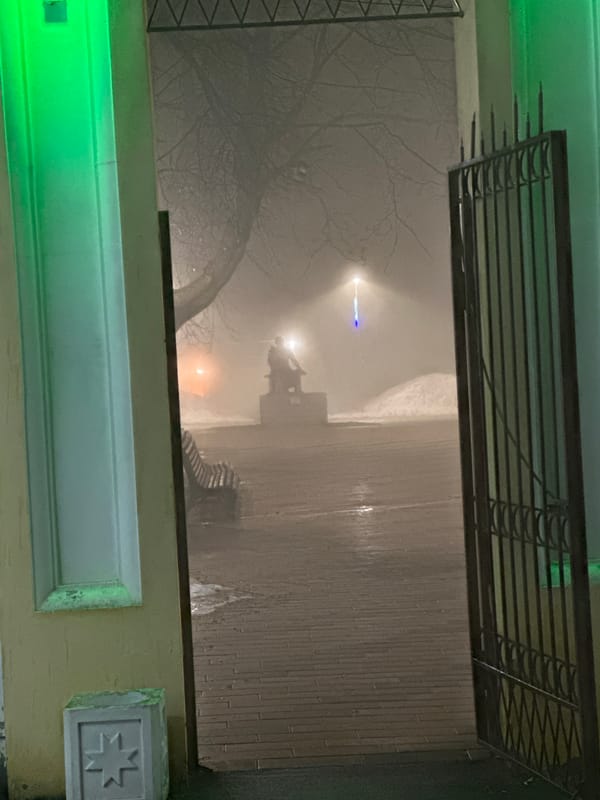Heavy fog blankets Sarapul, Russia streets and buildings