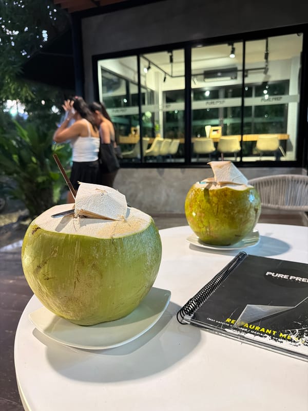 Fresh coconuts served at restaurant in Chalong, Thailand