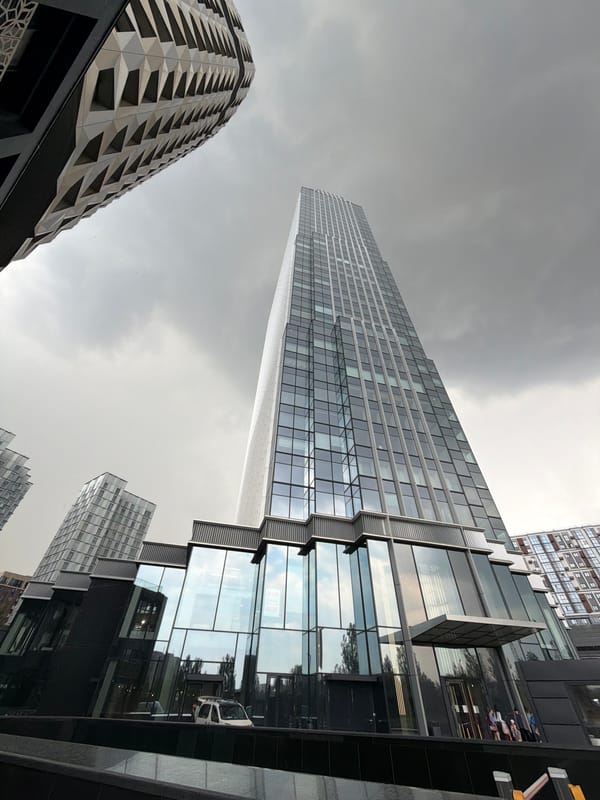 Moscow City district and gardens documented during cloudy afternoon