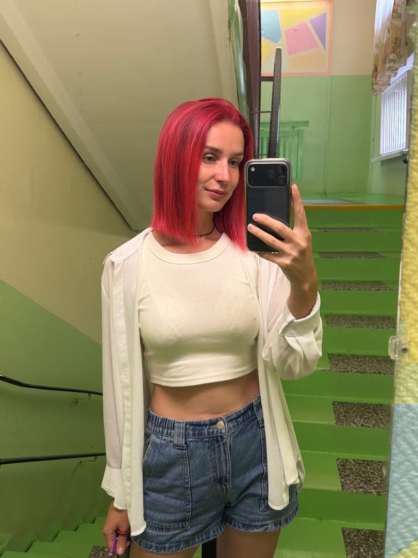 Mirror selfie and neon green staircase in Chaikovsky