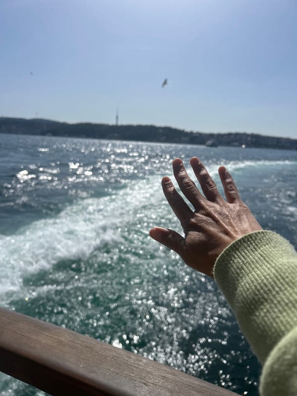 Ferry passenger reaches over water near Üsküdar skyline