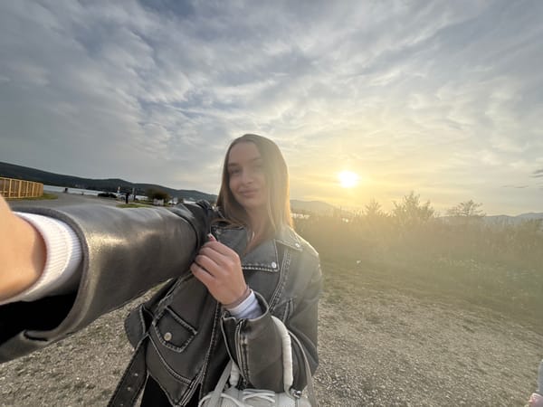 Tourist visits scenic overlook near Tivat Airport, Montenegro