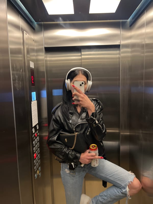 Elevator selfie and a metallic dragonfly sculpture, same night