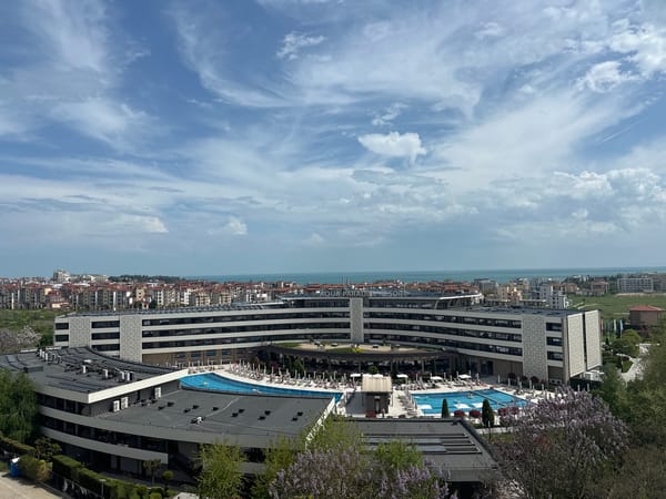 Aerial view captured of Aqua Paradise Resort in Ravda