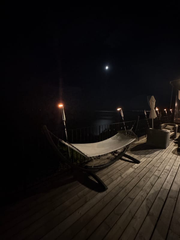 Tiki torch night on a moonlit waterfront deck