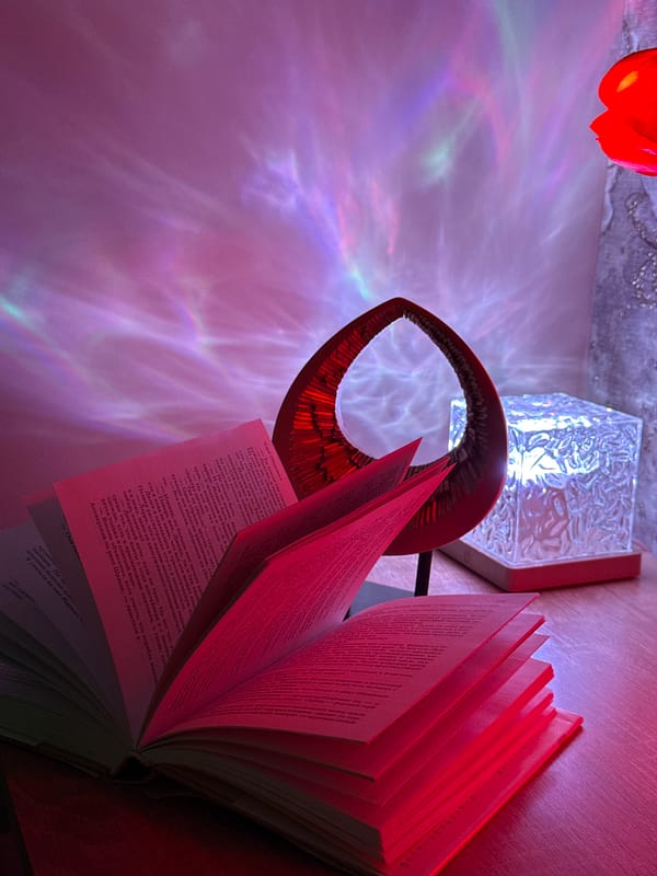 Indoor scene documented with colorful lighting, books, moon lamp
