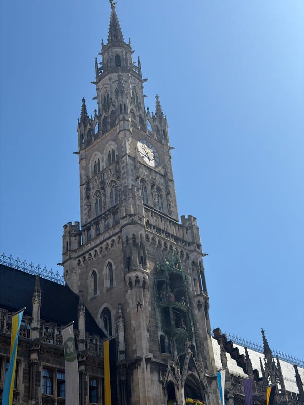 Up-close look at Munich's Neues Rathaus on a clear summer morning