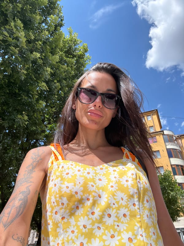Selfie series in Pleven, yellow daisy dress, midday July