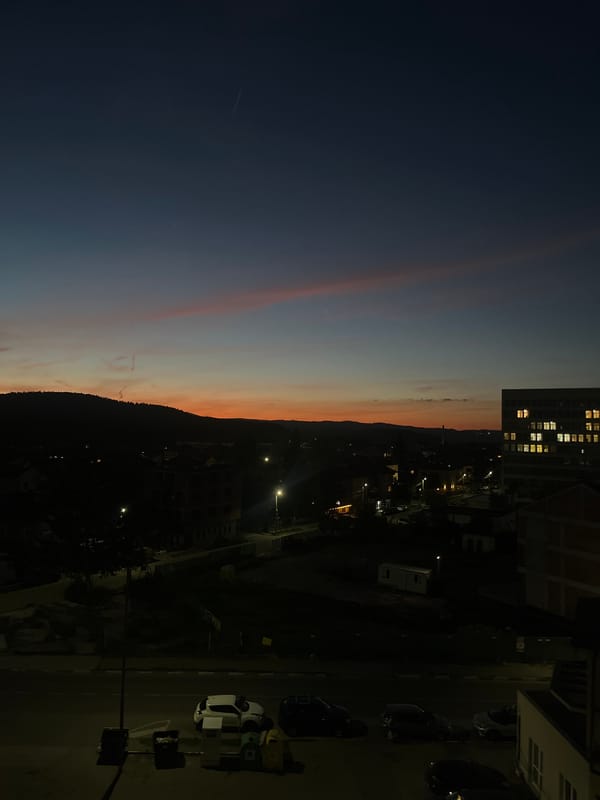 Evening scenes captured in Samokov include twilight cityscape, consumer goods